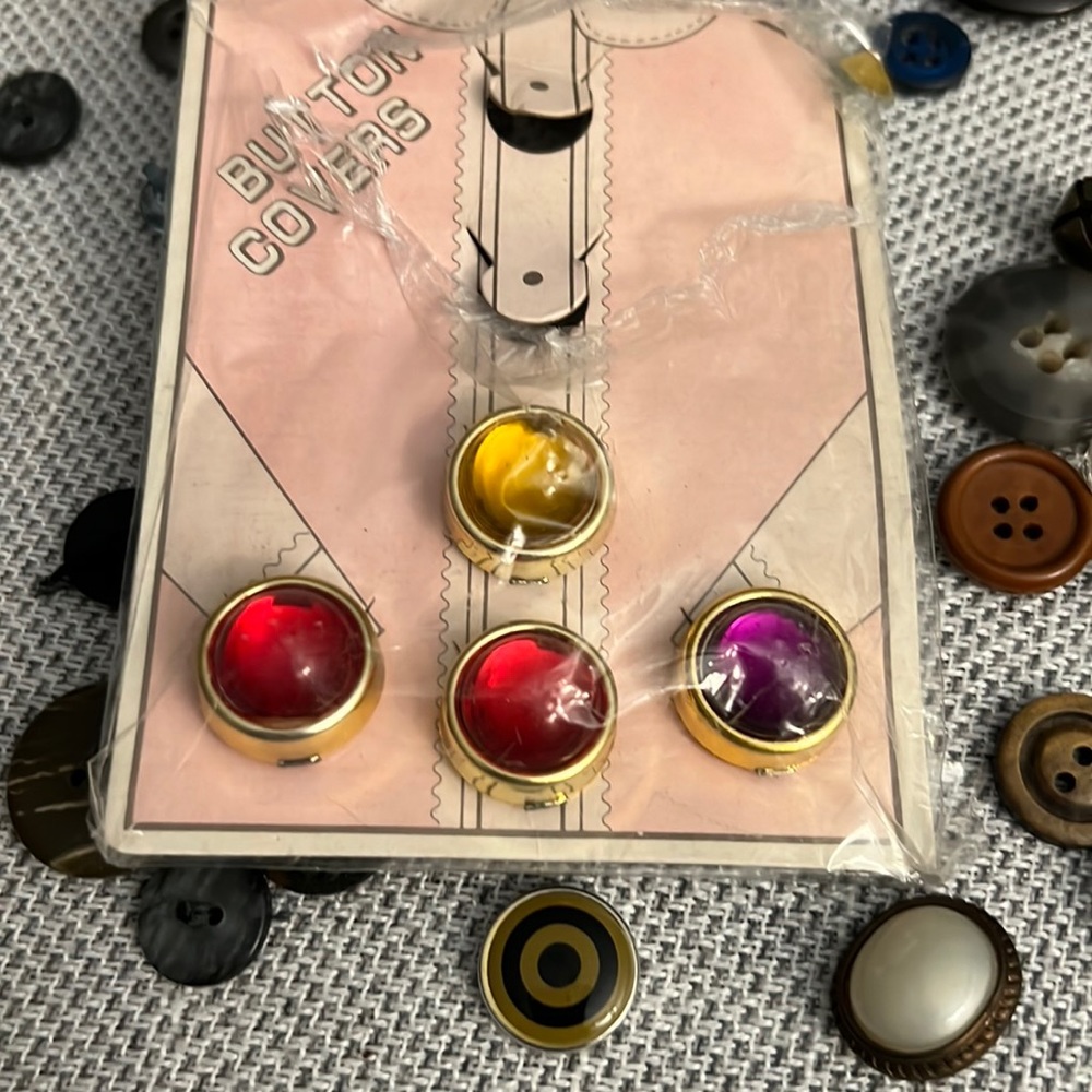 Vintage button covers, red, pink, and yellow